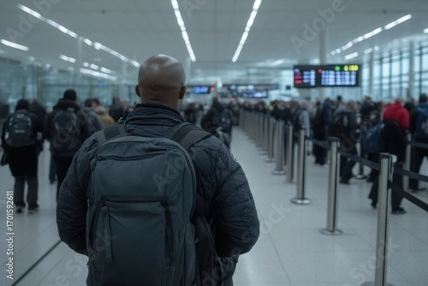 Fototapeta Busy airport with passengers waiting in security check line for boarding