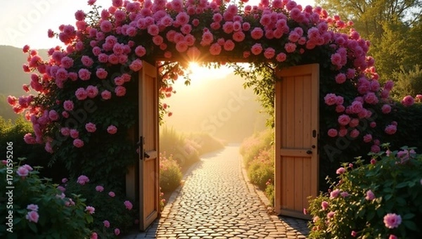 Fototapeta A rose covered archway with open doors, leading to a sunlit path at sunrise.