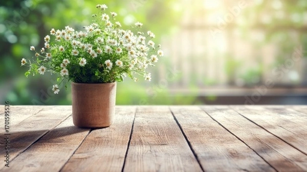 Fototapeta Bright Flowers in Pot on Wooden Table with Soft Natural Background