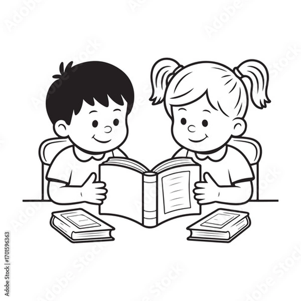 Obraz Two happy children reading a book together at a table with more books silhouette