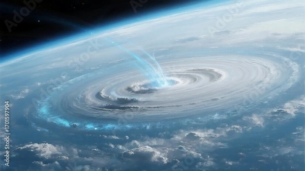 Fototapeta Breathtaking Cosmic Scene of Planet with Swirling Vortex and Blue Energy Streams, Perfect for Sci - Fi Enthusiasts