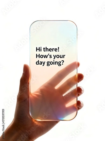 Fototapeta Transparent Futuristic Phone with "Hi there! How's your day going?" Message, Great for Tech and Communication Enthusiasts