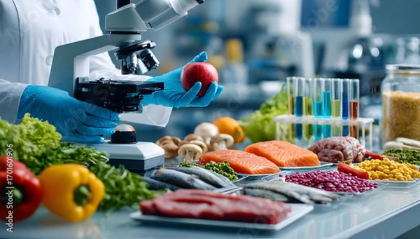 Fototapeta Scientist in lab coat examining fresh produce and protein sources under a microscope in a bright laboratory, ensuring food safety and quality with scientific precision.