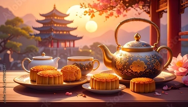 Fototapeta Mooncakes and Tea Ceremony with Pagoda