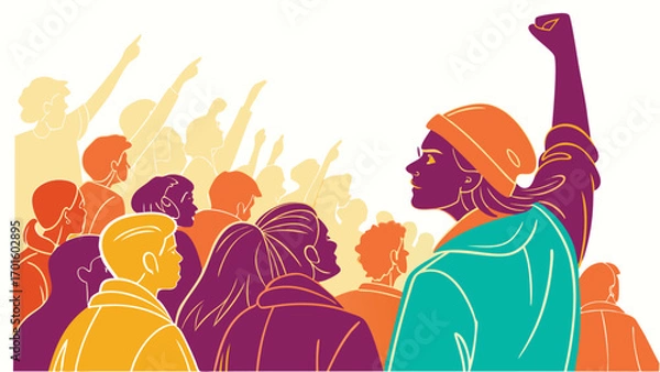 Fototapeta A person in the foreground with a raised fist addresses a diverse crowd, signifying leadership and collective power, isolated on white background