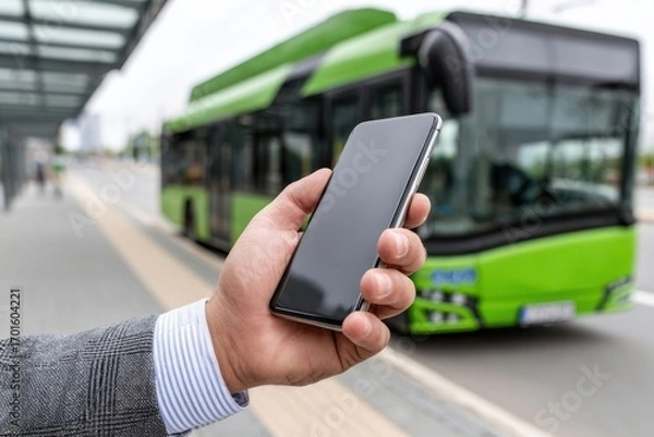 Obraz A hand holds a smartphone at a bus stop, with a blurred modern green public transport bus in the background.