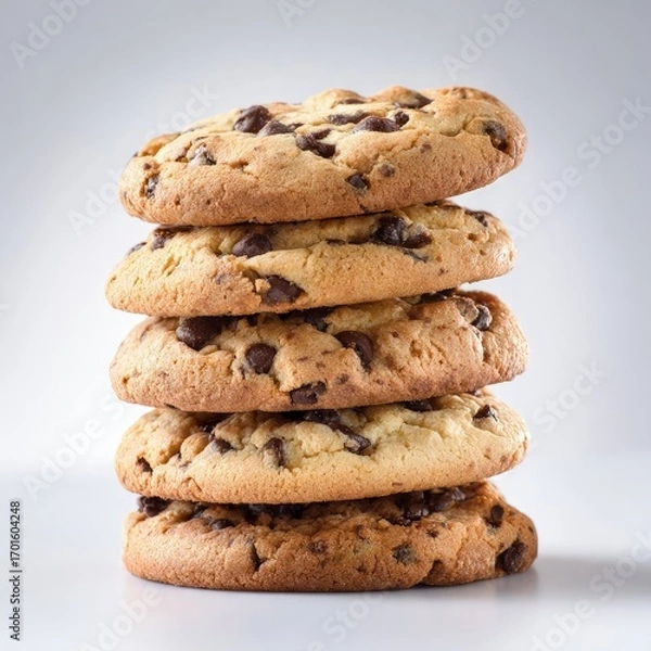 Fototapeta Stacked Chocolate Chip Cookies Against Gray Background