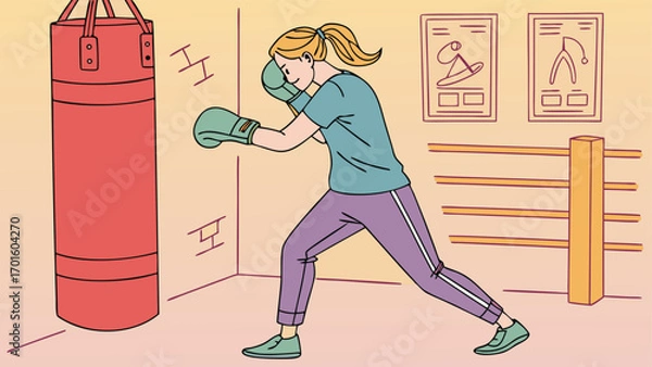 Fototapeta Woman practicing boxing punches on a heavy bag in a gym, engaged in a healthy workout routine