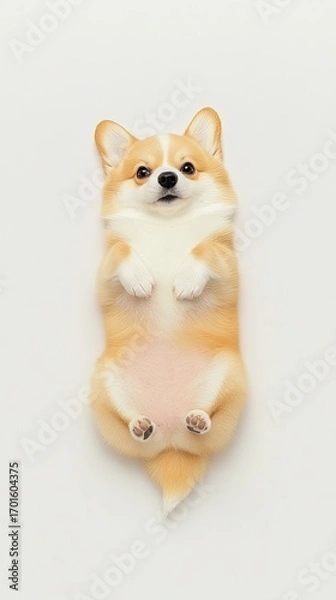 Fototapeta Relaxed Corgi Lying on Back with Cute Expression and Playful Pose