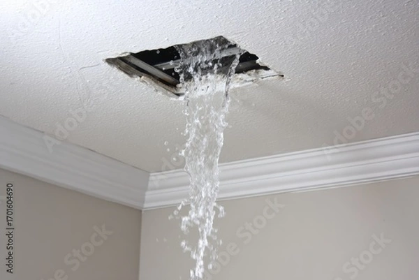 Obraz A significant amount of water is streaming from a square hole in a textured white ceiling, indicative of a severe plumbing issue.