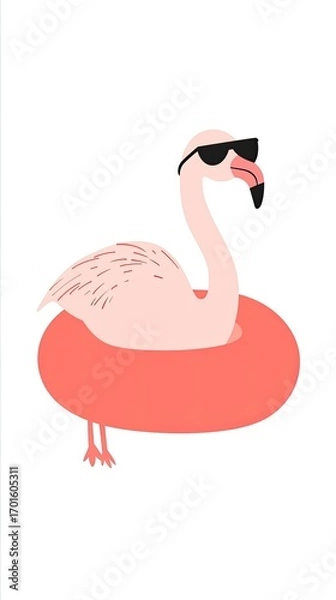 Fototapeta Cool Flamingo in Sunglasses Relaxing on a Pink Inflatable Ring
