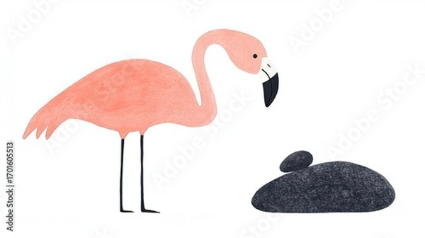 Fototapeta Pink Flamingo Next to a Decorative Stone in Minimalist Style
