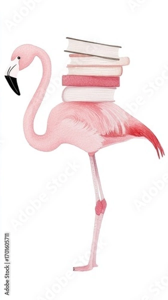 Fototapeta Playful Pink Flamingo Balancing Colorful Books on Its Back