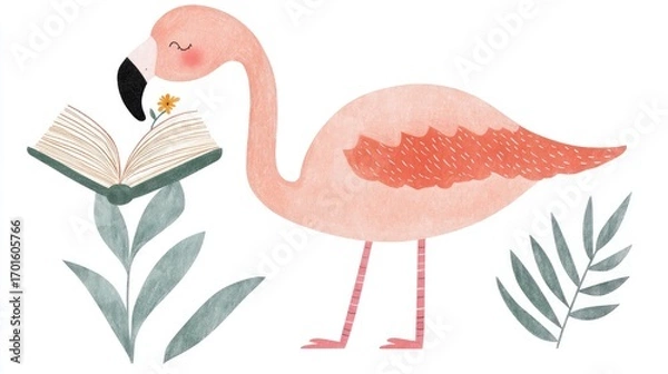 Fototapeta Playful Flamingo Reading a Book Surrounded by Greenery Elements