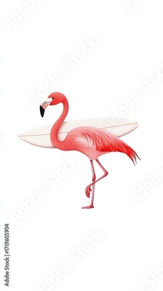 Fototapeta Flamingo with Surfboard in Tropical Vibe for Summer Fun
