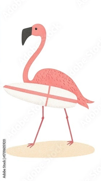 Fototapeta Playful Pink Flamingo with Surfboard on Sandy Beach Background