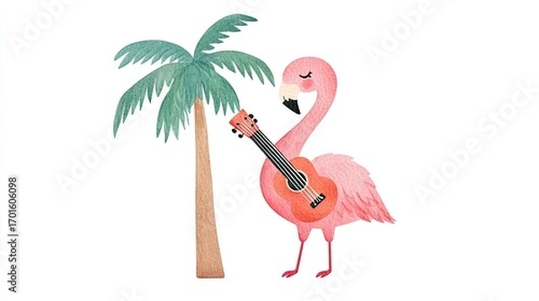 Fototapeta Pink Flamingo with Guitar by Palm Tree in Tropical Setting