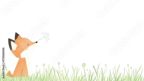 Fototapeta Cute Cartoon Fox Enjoying a Dandelion in a Pastoral Setting