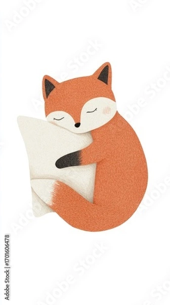 Fototapeta Cute and Cozy Fox Cuddling a Pillow in Soft Textile Style