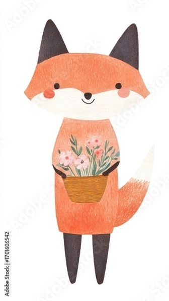 Fototapeta Cute Fox Character Holding Flower Pot with Colorful Design Elements