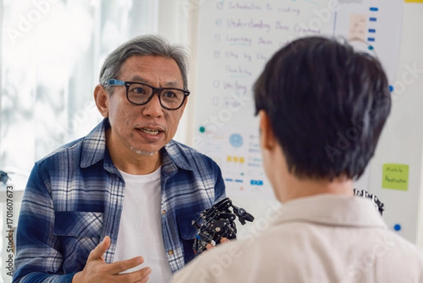 Fototapeta  engineering robot technology with asian programmer innovation and research teamwork in coding development