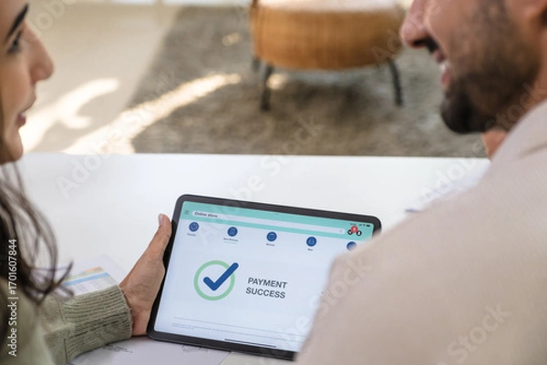 Fototapeta close up Couple using tablet and credit card to shop online through e-commerce app, making payment and browsing modern platform with promo codes and discount offers