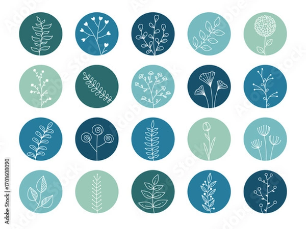 Fototapeta Story highlight cover icons with floral design. Delicate botanical compositions with herbs, leaves and flowers on teal round backgrounds. Decorative collection for natural design. Vector 10 EPS.