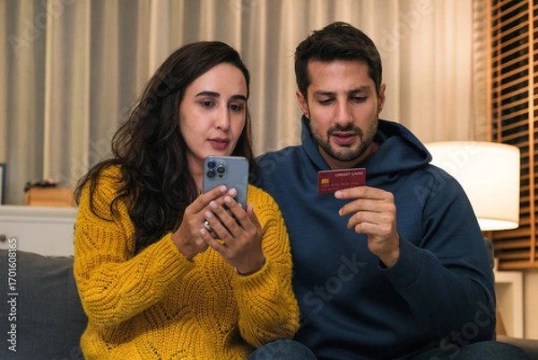 Fototapeta Hispanic couple shopping online with a credit card at home using a mobile phone at night