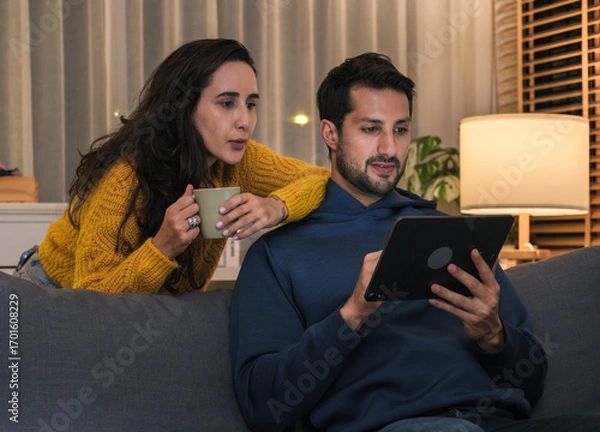 Fototapeta Couple using smartphone together at night browsing social media, watching content and enjoying a cozy digital lifestyle at home.