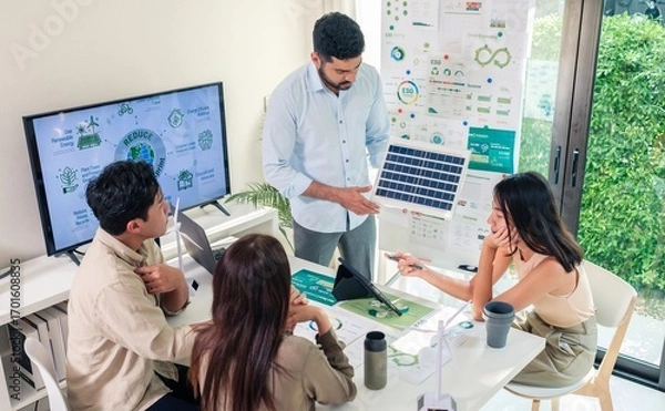 Fototapeta Diversity team presentation new design solar cell panel renewable energy innovation at office