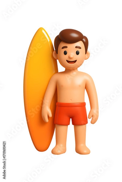 Fototapeta Summer 3D Cartoon Character with Surfboard Isolated on a Transparent Background
