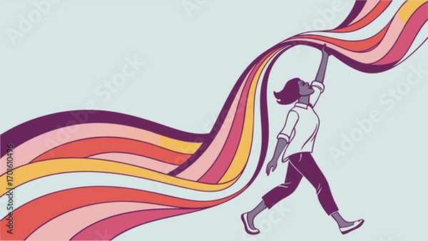 Fototapeta A woman reaching upwards with colorful ribbons, symbolizing achievement, aspiration, and the pursuit of dreams