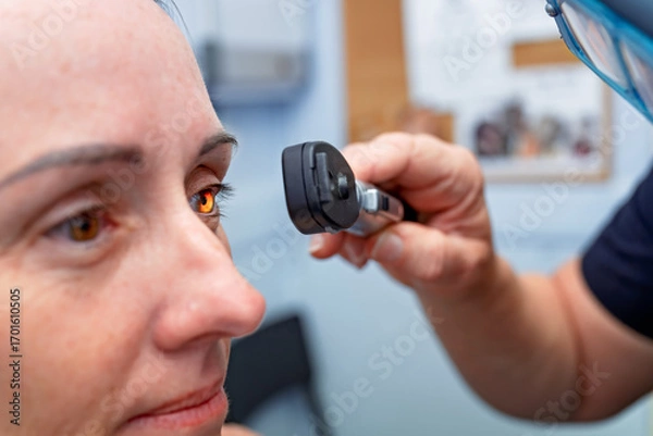 Fototapeta Eye doctor examination with ophthalmoscope, gp general practice medical health care clinic, australia