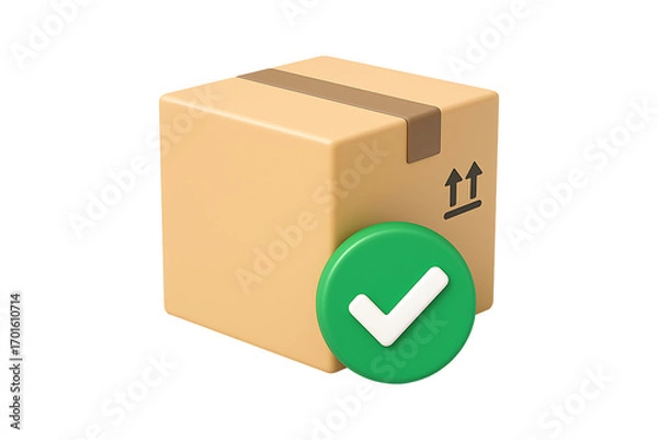 Fototapeta 3D Cardboard Box with Green Checkmark Icon Isolated on a Transparent Background