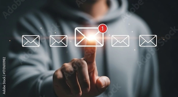 Obraz Person's Finger Touching Glowing Email Icon with Notification Alert message inbox