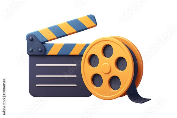 Fototapeta 3D Movie Clapperboard and Film Reel Isolated on a Transparent Background