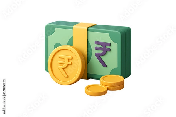 Fototapeta 3D Rupee Money Stack and Coins Isolated on a Transparent Background
