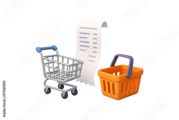 Fototapeta 3D Shopping Cart, Basket, and Receipt Icon Isolated on a Transparent Background