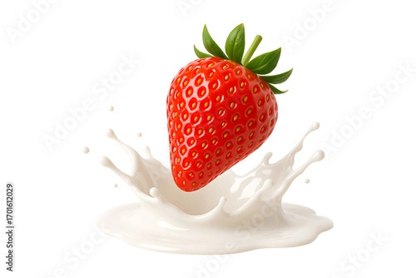 Fototapeta 3D Strawberry Splashing in Milk Isolated on a Transparent Background