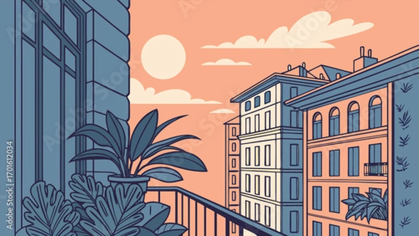 Fototapeta View from a balcony with potted plants overlooking city buildings at sunset, with warm orange sky and clouds, creating a peaceful urban atmosphere in a stylized illustration