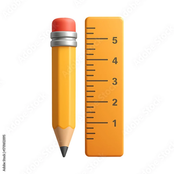 Fototapeta Pencil and Ruler 3D Icon Isolated on a Transparent Background