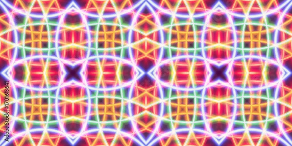 Fototapeta Vividly glowing neon light circles in multicolor tones, featuring a mesmerizing and vibrant abstract display, suitable for backgrounds, artistic concepts, or electronic-themed visual content.