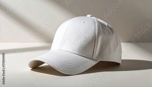 Obraz Minimalist white baseball cap with a curved visor sitting on a clean surface, with strong shadows cast from a window, perfect as a blank product mockup for design