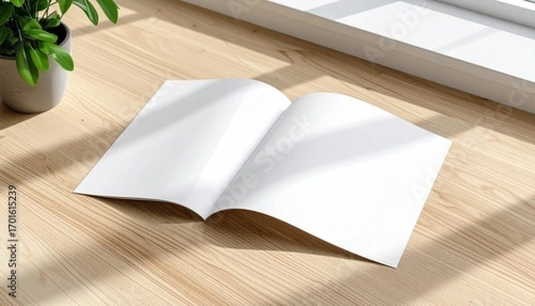 Obraz Clean and modern empty brochure layout on a sunlit wooden surface with a houseplant, perfect for a mockup or publication template