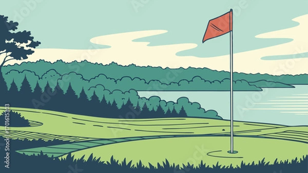 Fototapeta A scenic view of a golf course with a flag on the green, overlooking a tranquil lake and lush green trees under a cloudy sky
