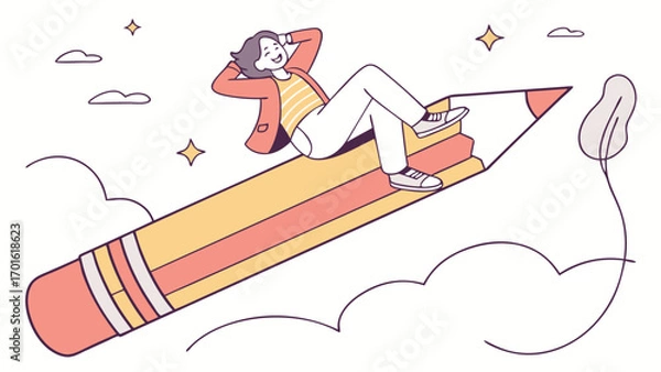 Fototapeta A person joyfully riding a giant pencil through the sky, symbolizing creativity, inspiration, and the freedom of imagination