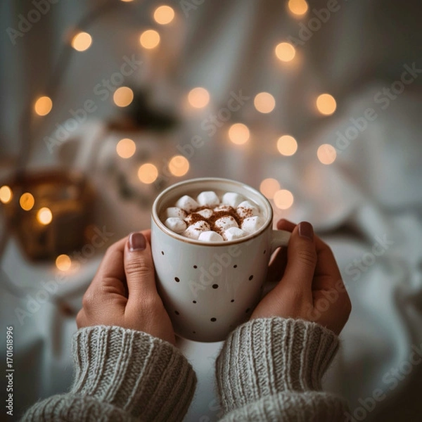 Fototapeta Close-up of woman’s hands holding a mug with a hot chocolate topped with a few marshmallows and a pinch of cocoa or cinnamon