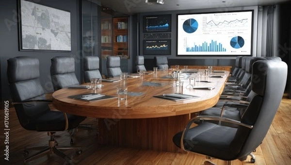 Fototapeta Modern conference room with data displays