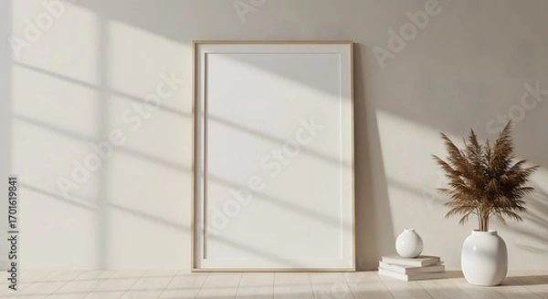 Fototapeta Elegant vertical wooden frame mockup leaning against a sunlit wall, a blank canvas for showcasing artwork in a minimalist Japandi style interior