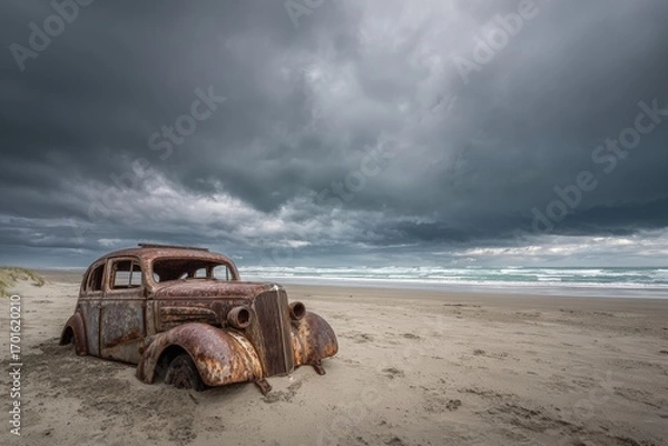 Fototapeta Rusty car on a stormy beach (1)